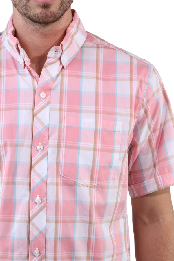 Camisa De Algodón Con Textura De Cuadros Roja Manga Corta Para Hombre